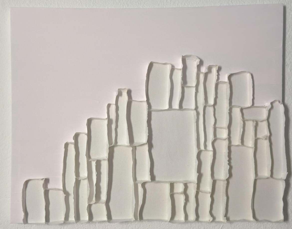 A Joyful Tomorrow: handmade white Hanji forms gathered against a pale pink canvas
